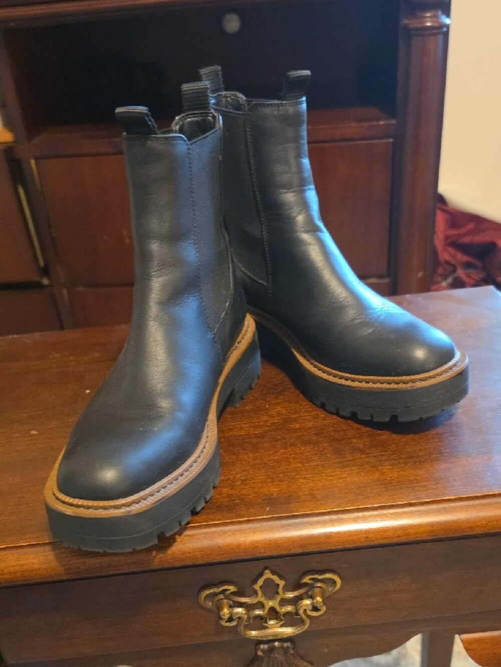 Sam Edelman Black Leather Chelsea Lug Booties with Tan Trim